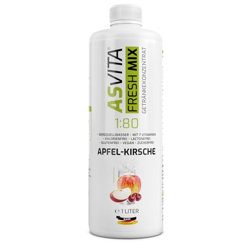 AsVita Getränkekonzentrat Fresh Mix 1:80-1L Flasche inkl. Dosierpumpe - Getränke Sirup zuckerfrei - 26 leckere Geschmacksrichtungen (Apfel-Kirsch)