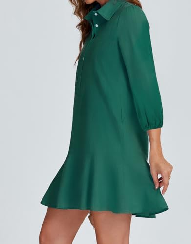 Image of YEXPINE Women Button Down Dress Casual 3 /4 Puff Sleeve Cotton Linen Dress Flowy Ruffle Hem Tunic Shirt Dresses