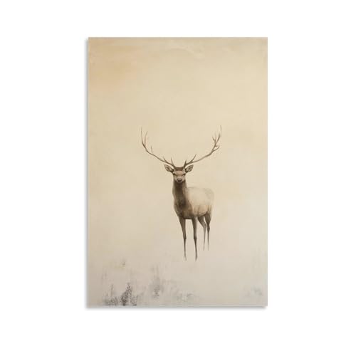 HKXXMTQQ Decorazione da parete decorativa da appendere con cervo solitario in piedi sotto la nebbia del mattino presto, corna che si estendono verso un cielo pallido di farina d'avena. Decorazione