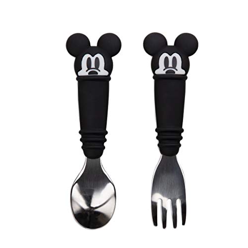 Bumkins Utensils, Disney Silicone and Stainless Steel Baby Fork and Spoon Set, Toddler Silverware, Self Feeding – Mickey Mouse