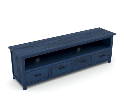 Image of Sheesham Solid Wood TV Cabinet for Living Room | Handcrafted Wooden TV Unit with Storage | Elegant Entertainment Stand for Modern Homes (4 Drawer Tv Cabinet, Rustic Blue)