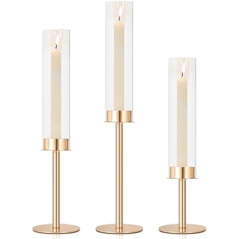 Gold Glass Hurricane Candle Holder Set of 3 Gold Taper Candle Holder with Glass Cover, Tall Candle Sticks Holder Decor Indoor Outdoor Windproof Gold Candlestick Holder for Home Wedding Party Christmas Cover