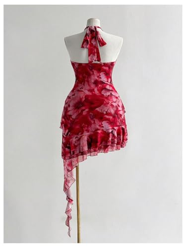 Verdusa Women's Plus Size Y2K Floral Mesh Backless Halter Dress Layered Ruffle Asymmetrical Dresses2