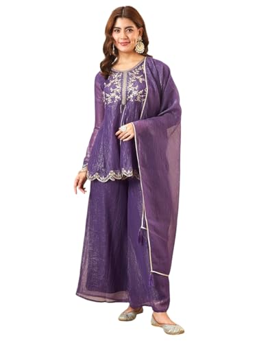 Image of MOKOSH Women's Silk Embroidered Peplum Kurta Sharara with Dupatta | Kurta Set | Ethnic Wear |Round Neck Full Sleeve Kurta | 3 Piece Outfit |Embroidered