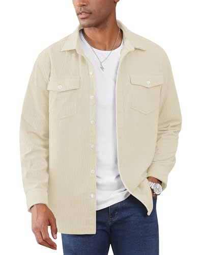 EKLENTSON Veste Loisirs Homme Velours Côtelé Manches Longues Décontractée Boutonnage Complet Léger à Poches à Rabat Beige, 3XL