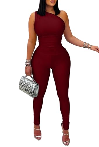 Memoriesea Womens Sexy Jumpsuits One Shoulder Bodycon Rompers One Piece Outfits Burgundy