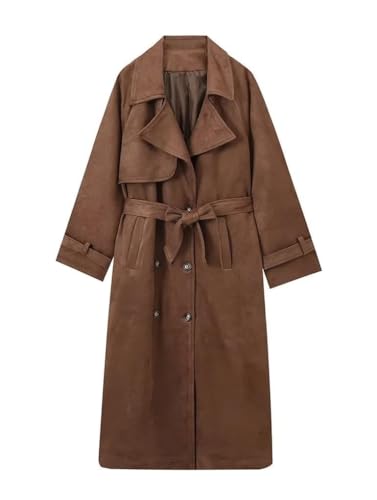 Womens Faux Suede Trench Coat Long Suede Leather Jacket Double Br...