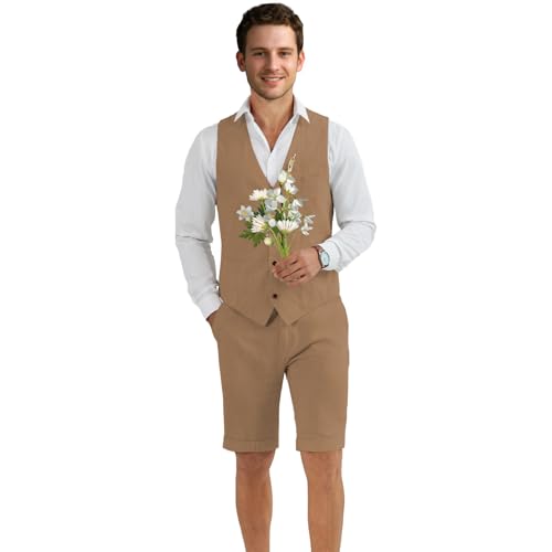 Herrenanzug, Leinen-Set, Weste und Hose, schmale Passform, 2-teilig, lässiger Stil, Heimkehr, Sommer, Hochzeit, stilvoll, Khaki, XXX-Large