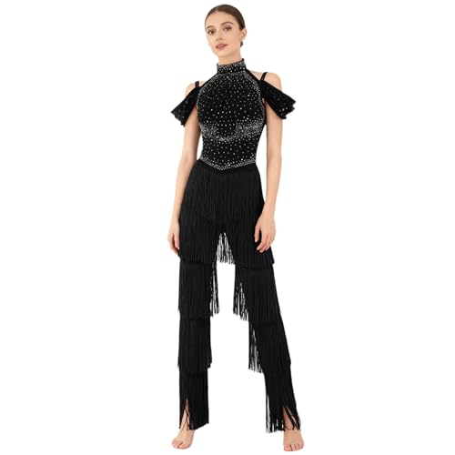 inlzdz Damen Latein Tanz Overall Einteiler Jumpsuit Off Shoulder Tanzanzug mit Glitzer Fransen Swing Samba Cha Cha Ballroom Wettbewerb Outfit Schwarz...