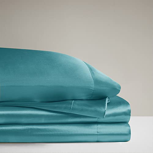 Image of Madison Park Essentials Satin Sheets Full Size Bed Set, 6 Piece, Teal | Luxury and Smooth Silky Bedding with Natural Sheen, All Around Elastic 14 inch Pocket fits up to 16 inch Mattress, Year-Round Cozy