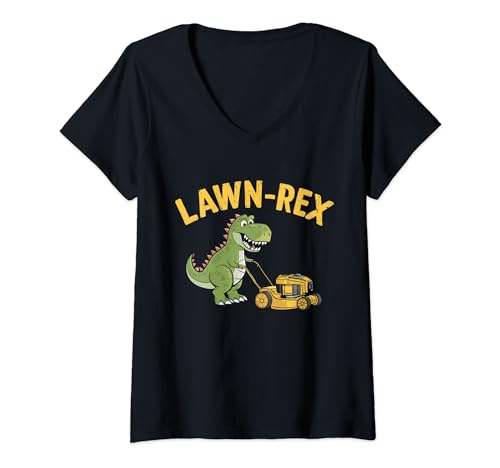 Womens Funny Lawn-Rex Lawn Mower Gardening Dinosaur V-Neck T-Shirt