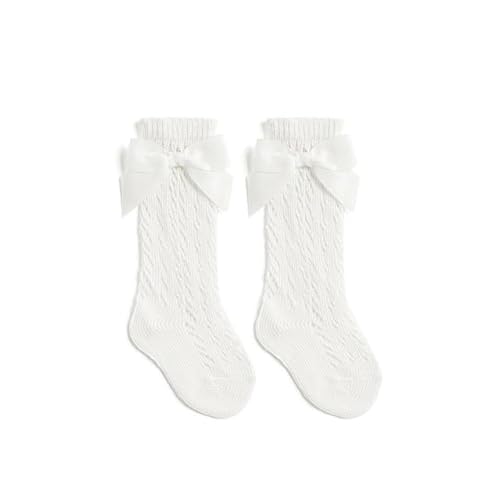 KorrbO Calze Lunghe con Fiocco per Neonata Calzini Estivi Alti al Ginocchio Bambina Calzini Eleganti a Rete Bimba Battesimo Compleano Principessa (Bianco, 0-12 Mesi)