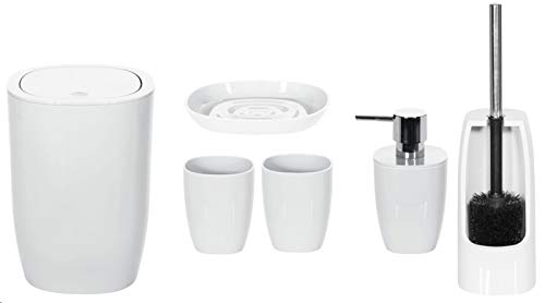 spirella Set da bagno, 6 pezzi, set da bagno, secchio per cosmetici, dispenser di sapone, spazzola per WC, portasapone, contenitore e bicchiere per spazzolini da denti, bianco