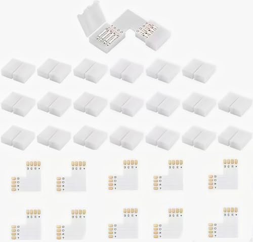 10 Pcs RGB LED Strip Light Connectors 4-Pin 10MM L Shape with 20 Pcs Connector Clips, RGB Splitter Right Angle Corner KitSolderless Gapless Adapter for Multicolo SMD 5050 3528 Strips (10MM, L)