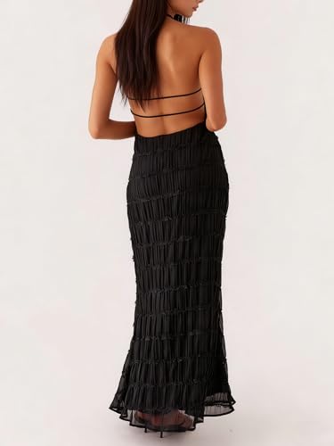 Image of Yiulangde Women's Backless Smocked Maxi Dress Sexy Spaghetti Strap Cut Out Flowy Beach Long Dress Vacation Casual Sundresses