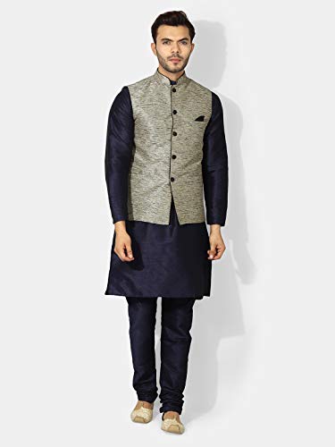 Image of UnM Men's Art Silk Uri and MacKenzie Navy Blue Kurta Pyjama with Grey Jacket (42)