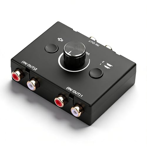 GINTOOYUN Przełącznik przycisków audio RCA 2 w 4 wyjścia lub 4 wejścia 2 wyjścia R/L stereo przełącznik audio z przyciskiem wyciszania i pokrętłem regulacji głośności (RCA)