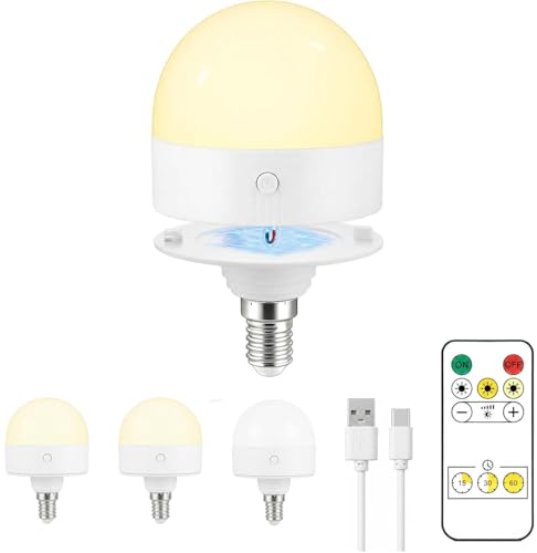 USB Rechargeable Light Bulb, E14 Dimmable Bulbs with Magnetic Base Detachable,3 Color 5W Battery Powered Light Bulbs with Timer and Remote Control for Non-Hardwired Lamps Wall Sconces Bedroom 1 Pack