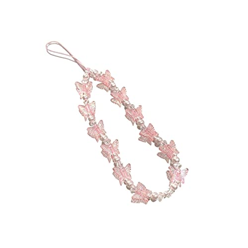 Fuqimanman2020 1-2 Pcs Natural Stone Cell Phone Lanyard Strap Charms- Handmade Colorful Beaded Butterfly Charms For Women Girl, Rainbow Keychain (Pink) #TOP11