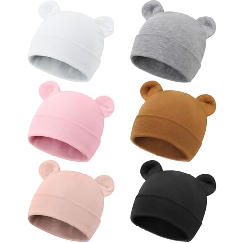 Image of DRESHOW BQUBO 6 Pcs Newborn Baby Beanie with Bear Ears Cotton Hospital Hat Preemie Infant Caps for Baby Boy Girls 0-6 Months