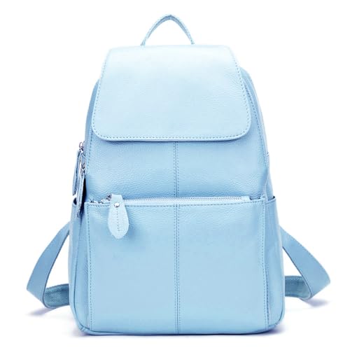 Image of zency 15 Colors Real Soft 100% Genuine Leather Women Backpack Fashion Ladies Travel Bag Preppy Style For Woman (Light Blue)