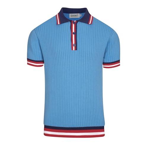 OXKNIT Polo para hombre de algodón azul con rayas retro de los años 1960 y manga corta