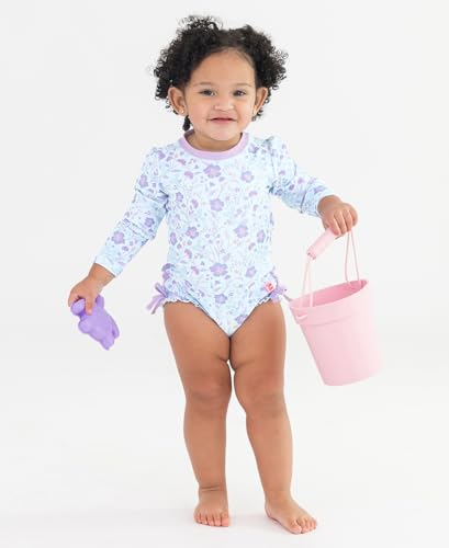Image of RuffleButts Baby Girls UPF 50+ Sun Protection Floral Printed Long Sleeve One Piece Rash Guard Swimsuit with Zipper