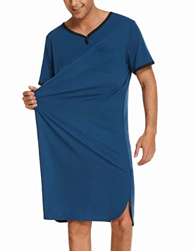 Ekouaer Men's Nightshirt Nightwear Comfy Big&Tall Short Sleeve Henley Sleep Shirt Blue #TOP1