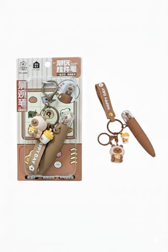 CUDELLAX Cute Pen with Keychain | Kawaii Cartoon Pen for Kids Girls & Boys | Soft Silicone Case, Charm Keychain & Wrist Strap | Smooth Black/Blue Ink Pen for School, Office & Gifting (1, Brown)