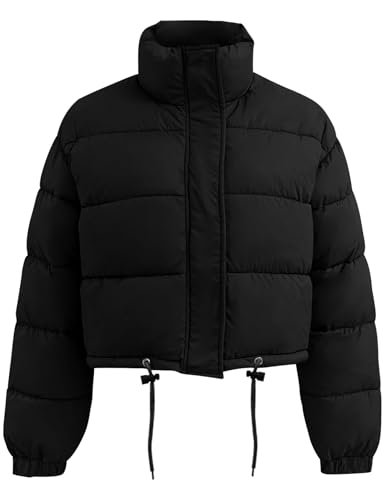 Flygo Women Cropped Puffer Jacket Winter Long Sleeve Quilted Puffy Bubble Padded Short Coats with Drawstring(Black-L)