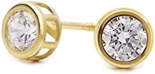 14K Gold Stud Scewback Earring Cubic Zirconia 5mm Round Bezel Yellow Gold Earring for Children & Women(0.5 Carats)