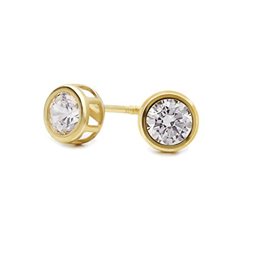 14K Gold Stud Scewback Earring Cubic Zirconia 5Mm Round Bezel Yellow Gold Earring For Children & Women(0.5 Carats) #TOP3