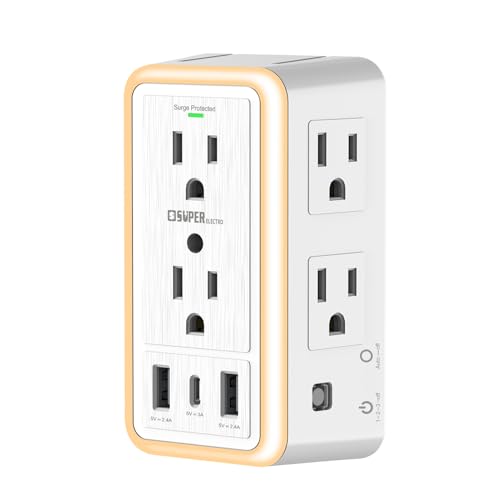 USB Wall Charger Surge Protector, Super Electro 6 Outlet Extender with 3 USB Charging Ports (5V 3.4A Total) and Night Light, 3-Sided 1500J Multi Plug Wall Outlet for Home, Office, ETL Listed