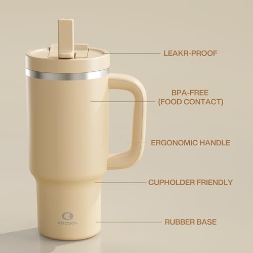 Image of ENCOOL 32 oz Tumbler with Handle and Straw: Stainless Steel Insulated Tumbler Keeps Cold for 24 Hours, Leakproof Travel Cup Fits in Cup Holder and BPA-Free, Indian Khaki