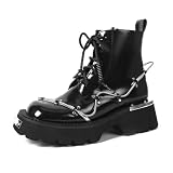 GLBDU Women Goth Genuine Leather Platform Combat Ankle Boots with Metal Springs Fashion Round Toe Lace Up Lug Sole Chunky Motorcycle Boots Retro Punk Short Booties (Black,8,8)