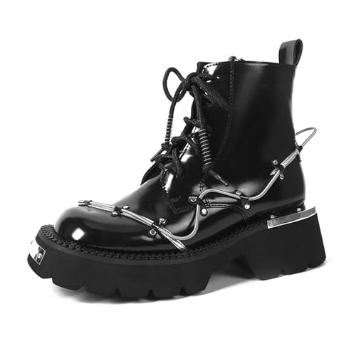 GLBDU Women Goth Genuine Leather Platform Combat Ankle Boots with Metal Springs Fashion Round Toe Lace Up Lug Sole Chunky Motorcycle Boots Retro Punk Short Booties (Black,6,6)