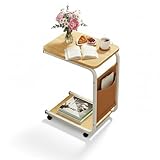 Mesa auxiliar con ruedas para sofá y cama, mesa C ajustable de doble nivel, mesa auxiliar pequeña para salón y dormitorio (40x28x63 cm, Negro, blanco, nogal, color madera n(Color:Color madera natural)