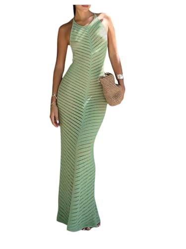 MakeMeChic Women's Hollow Out Cover Up Dress Tie Backless Halter Neck Sleeveless Beach Swimsuit Maxi Dresses