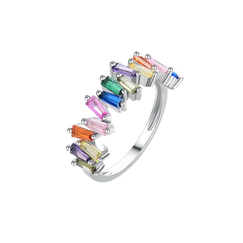 Eternity Rainbow Ring 18K White Gold Plated Emerald-Cut Multi Color AAA Created-Gemstone Rainbow Ring, Wedding Band for Women Gift For Her