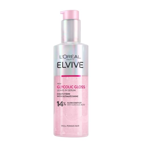 LOréal Paris Hair Serum For Dull Lifeless Hair Elvive Glycolic Gloss Leave-In Treatment With 14% Gloss Complex Fills Hair Fibres For Smoothness And Heat Damage Protection With Mirror Shine 150ml