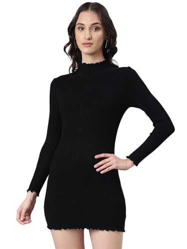 Image of SHOWOFFFF Women Solid Bodycon Casual Dress | High Neck Half Sleeves Knitted Dress for Womens | Above Knee Dress for Women's
