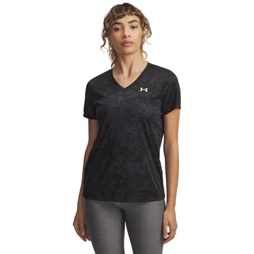 Under Armour Women's Velocity Print Short Sleeve V Neck T Shirt, (004) Black / / Metallic Silver, X-Large