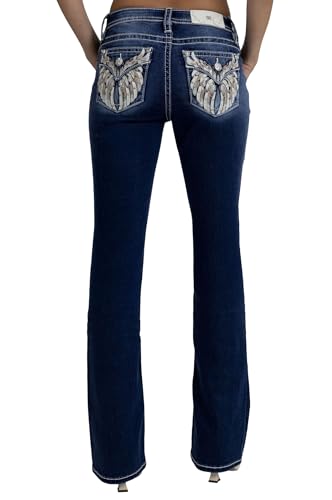 Miss Me Women's Downturned Wings Embellished Faux Flap Pockets Mid-Rise Bootcut Jeans (Dark Blue, 31W x 32L)