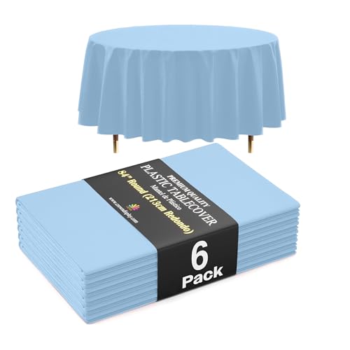 Image of Exquisite 66% Thicker Premium Light Blue Round Tablecloth 0.5 Mil 6 Pack Plastic Table Cloth Disposable 84 Inch Round Plastic Tablecloth Won't Tear Easily Like Cheap Thin Brands