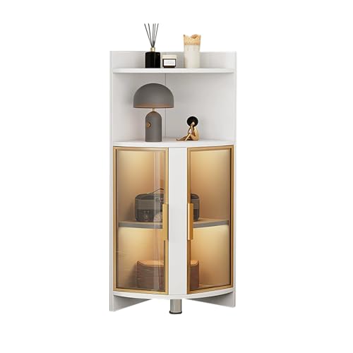 Elegante armadietto ad angolo alto con ante in vetro e ripiani a LED, salvaspazio, per bagno, cucina, soggiorno e camera da letto, design moderno e versatile