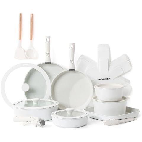 SENSARTE 24 Piece Pots and Pans Set, Nonstick Detachable Handle Cookware, Induction Kitchen Cookware Set with Removable Handle, Healthy Non Stick RV Cookware, Dishwasher ＆ Oven Safe, PFOA Free (White) Cover