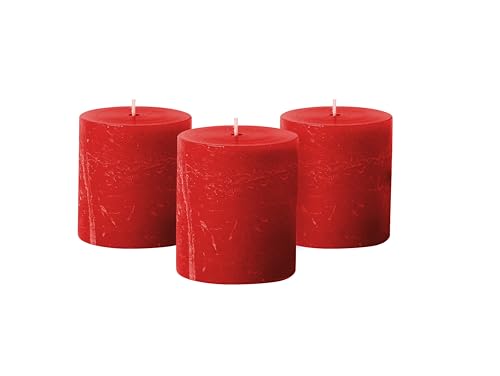 Simply Soson Red Rustic Texture Pillar Candles 3x3 inch - Set of 3 - Unscented Decorative Red Candles, No drip, Ideal as Large Candles for Home Decor, Weddings, Holidays