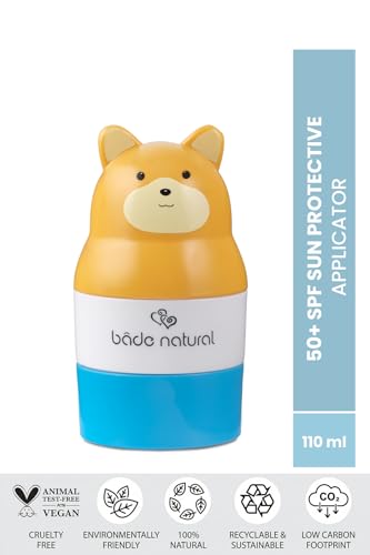 Image of Bade Natural Refillable Bear-Shaped Sunscreen Applicator for Kids - 3.7 fl oz Roll-On Bottle - Empty, Reusable Dispenser for SPF Lotion - Soft Applicator Tip, Travel-Friendly
