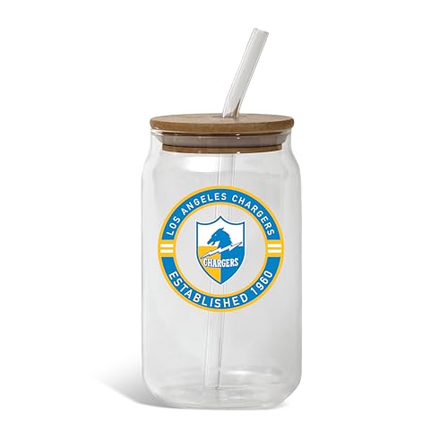 The Memory Company Officially Licensed 16oz Vintage Logo Glass with Bamboo Lid, Los Angeles Chargers