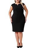 Agnes Orinda Plus Size Sheath Dresses for Women Notched V Neck Sleeveless Business Pencil Work Dress 1X Black